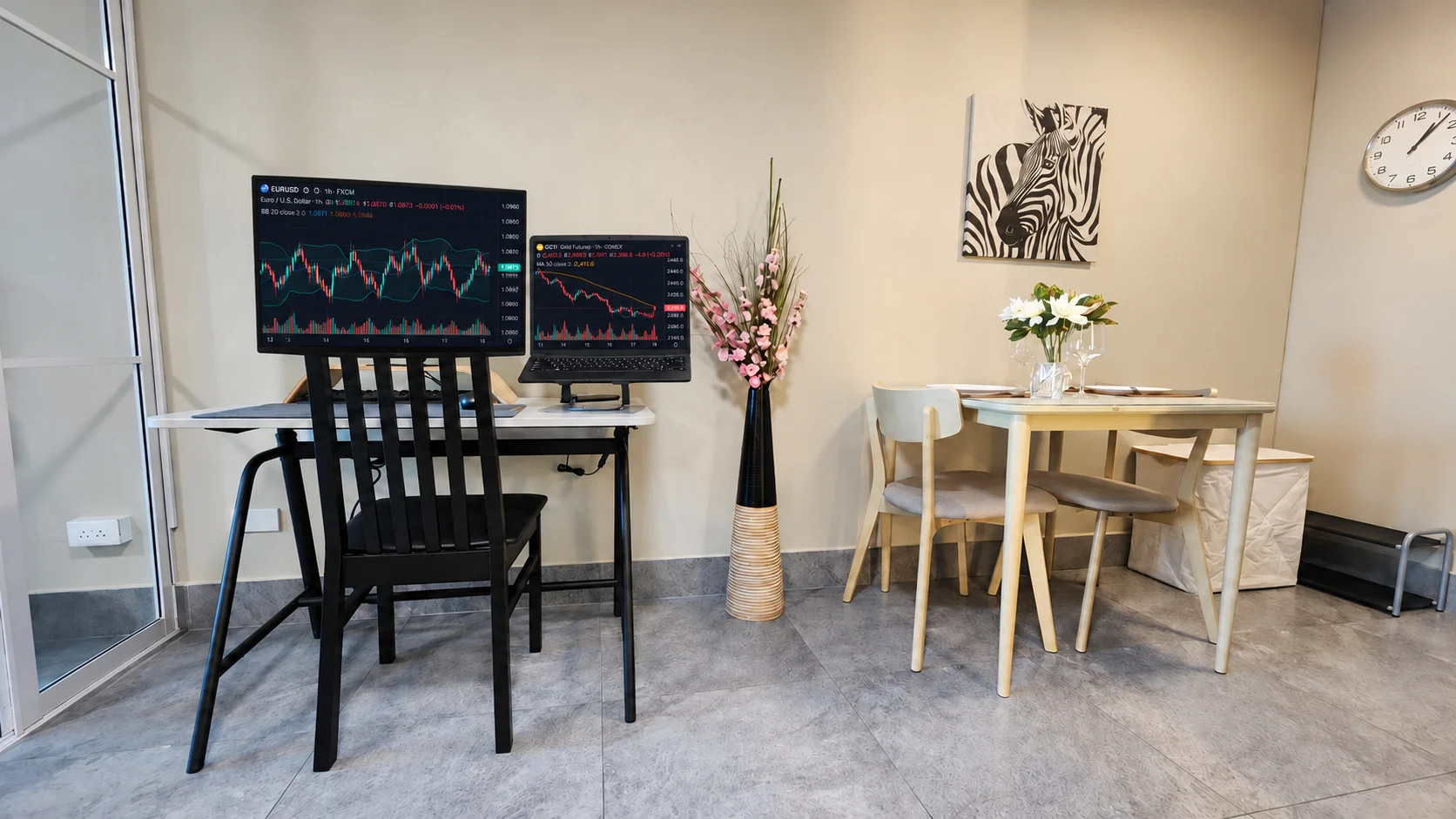 Height-adjustable desk and dining area